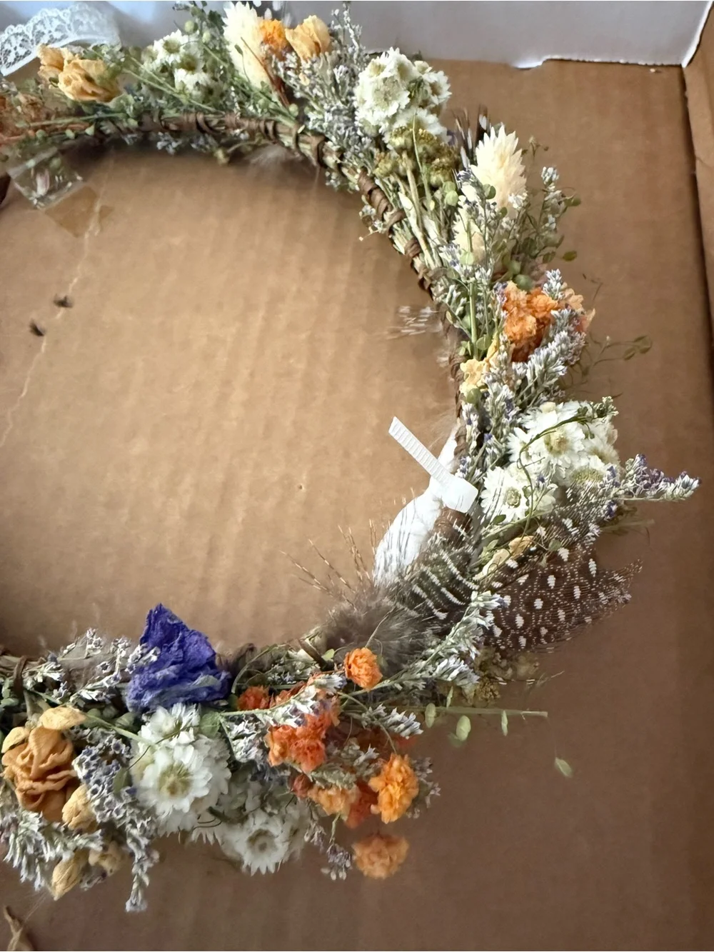 NEW Girls Dried Floral Crown with Lace Ribbon - Yellow, Orange, White, Purple.